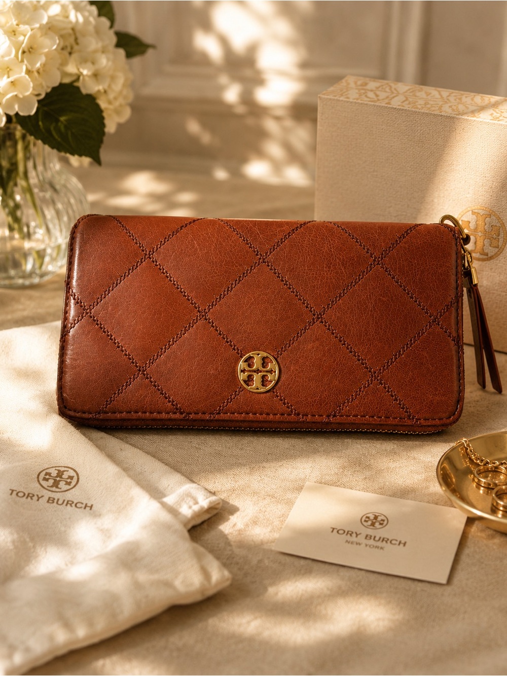 Tory Burch Quilted Leather Zip Wallet in Cognac